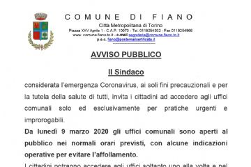 Avviso di accesso contingentato all'edificio comunale di Fiano da Lunedì 9 marzo 2020
