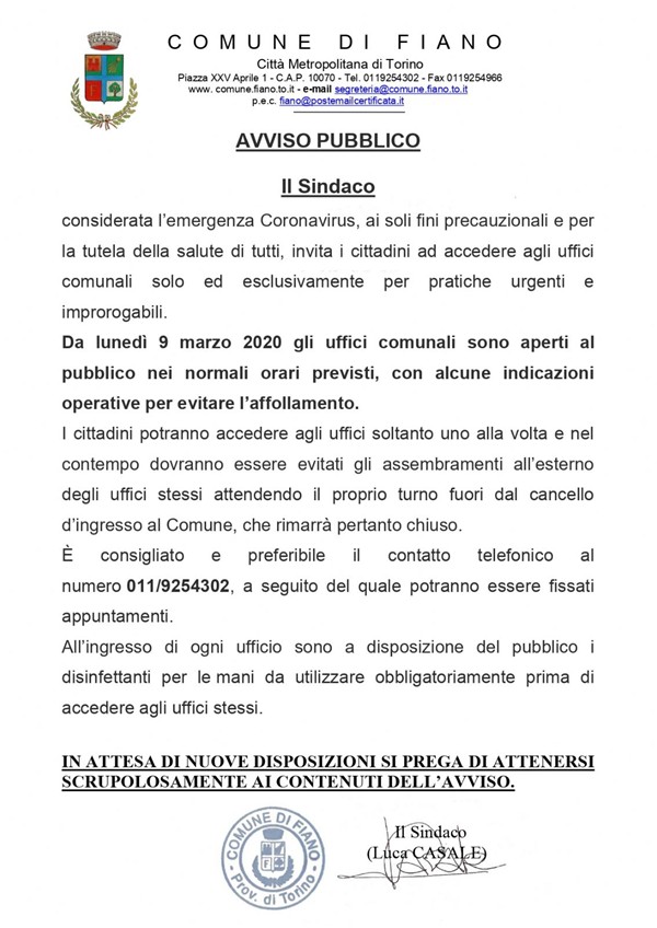 Avviso di accesso contingentato all'edificio comunale di Fiano da Lunedì 9 marzo 2020